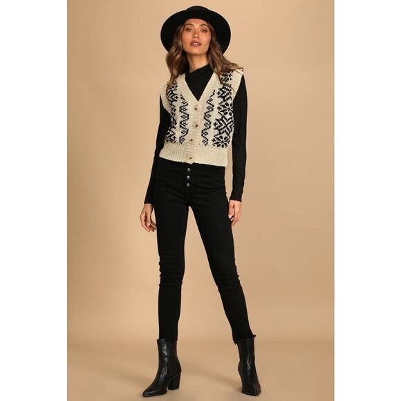 Lulu’s cream black mountain crest button up sweater knit vest size XS v neck - Picture 8 of 8